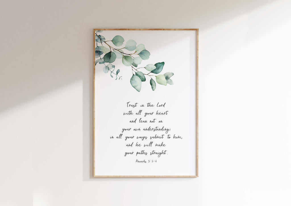 Trust in the Lord Christian Wall Art Print, Proverbs 3 5-6 Poster, Green leaf Proverbs 3:5-6 print, Trust in the Lord art