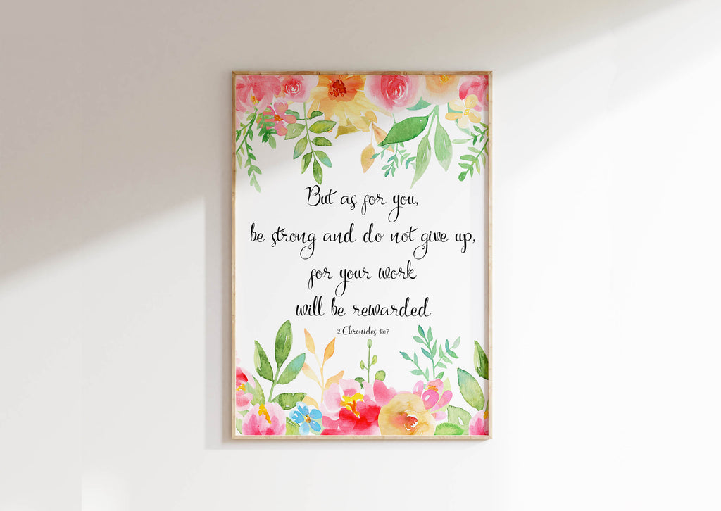 Inspiring scripture surrounded by intricate flowers, Motivational print from 2 Chronicles with floral details