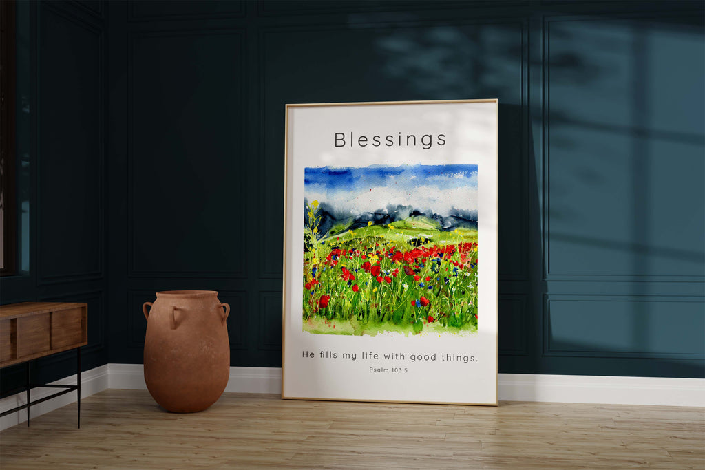 He Fills My Life With Good Things Christian Wall Art Scripture Print, Wildflower meadow watercolour print with Psalm 103:5