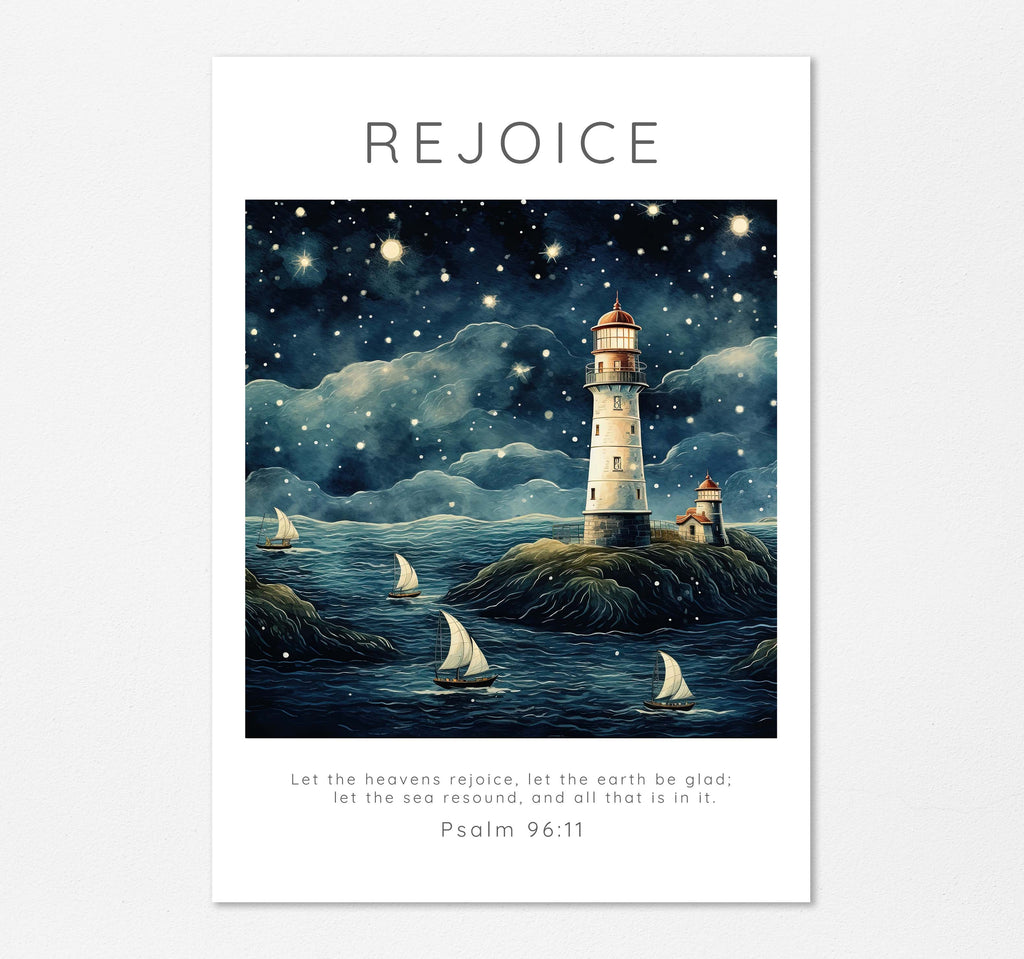Calming Lighthouse and Boat Nursery Decor, Uplifting Scripture Print for Nurseries, Psalm 96:11 Verse Print for Bathroom Decor