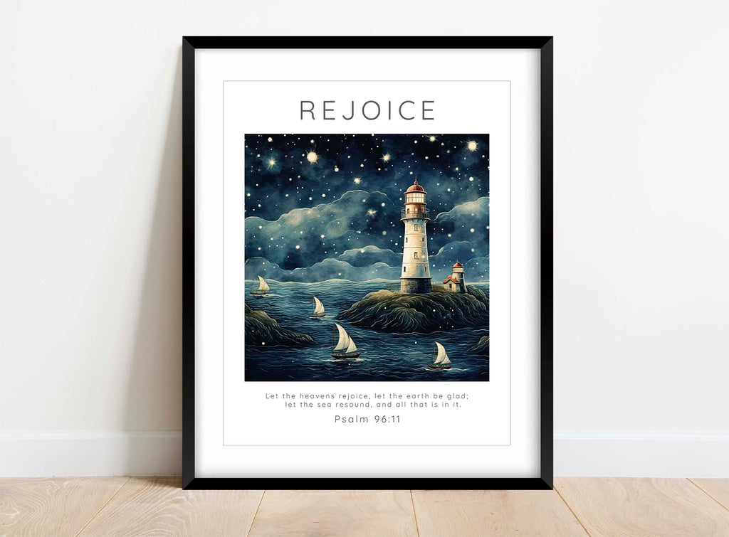 Let The Heavens Rejoice Christian Wall Art Print, Psalm 96:11 Poster, Serene Psalm 96:11 Boats and Lighthouse Print