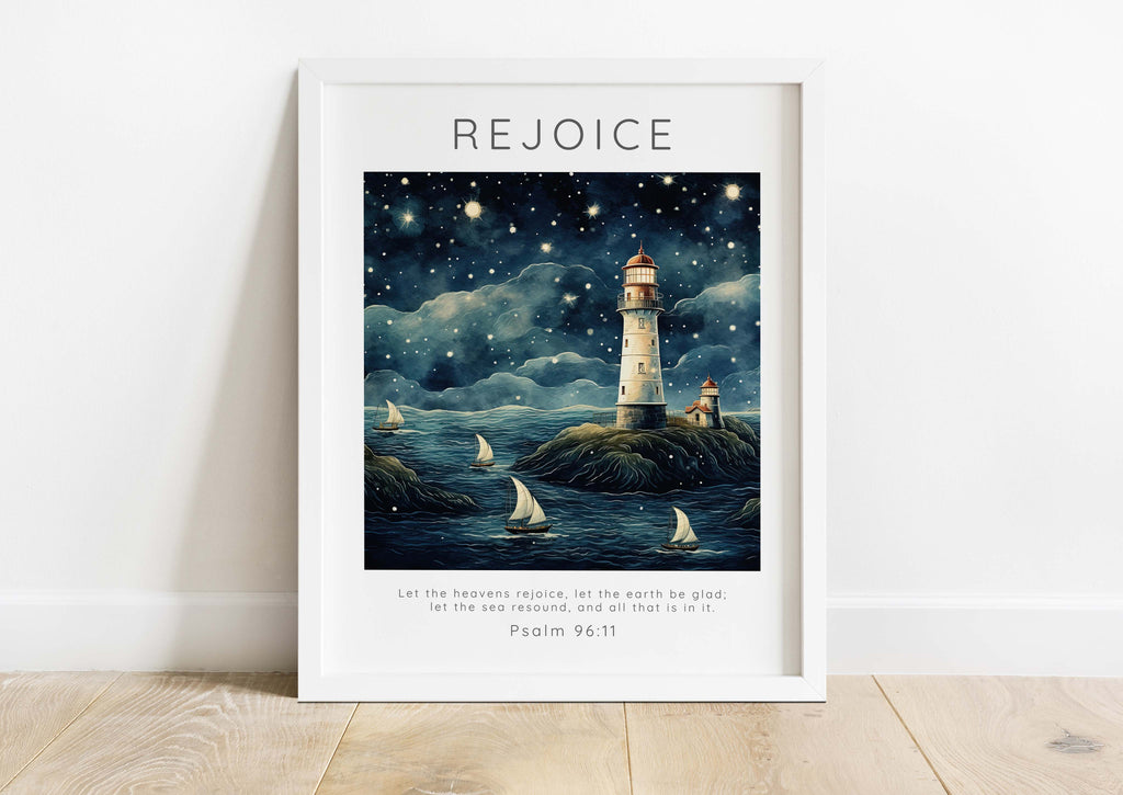 Whimsical Boats and Lighthouse Nursery Print, Soothing Seascape Art for Bathrooms, Psalm 96:11 Wall Art for Children's Rooms