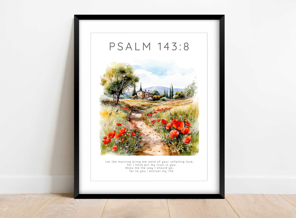 Landscape Psalm 143:8 wall art for living room or bedroom decor, Inspirational Christian wall art with Psalm 143:8 