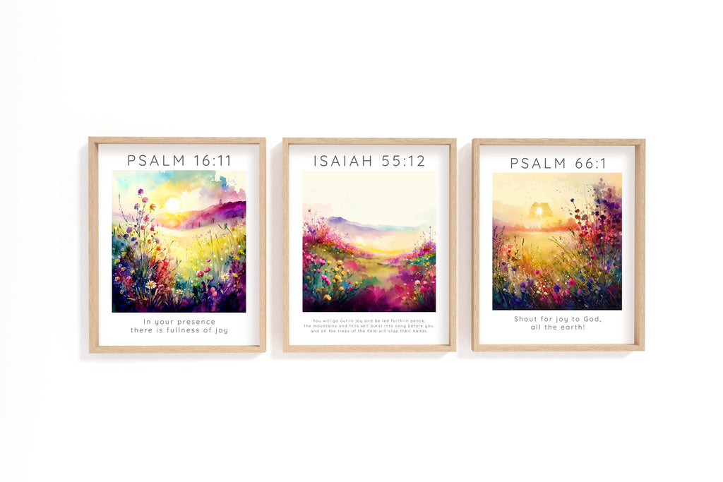 Isaiah 55:12 nature-inspired Bible verse art, Floral meadow wall poster with joyful verses, Elegant designed Psalm 66:1