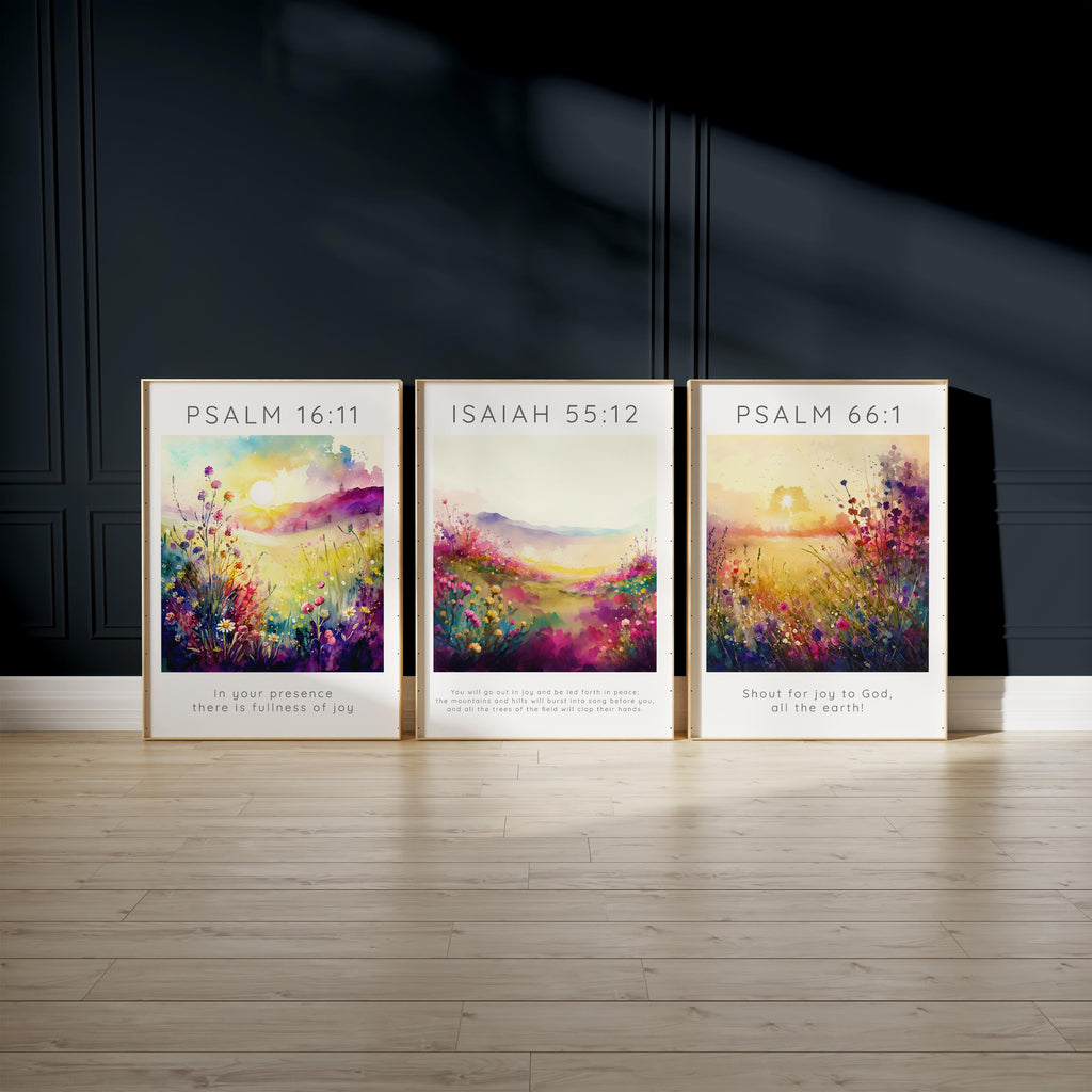 Thoughtful housewarming gift: Bible verse decor, Serene meadow imagery with Isaiah 55:12 verse, Psalm 16:11 scripture wall art