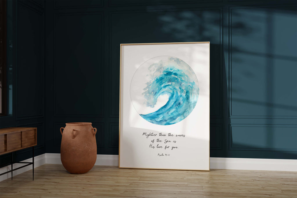 Psalm 93:4 Inspirational Wall Art, Mighty Love in Turquoise Waves, Serene Bible Verse Decor, Waves of Love UK Wall Print