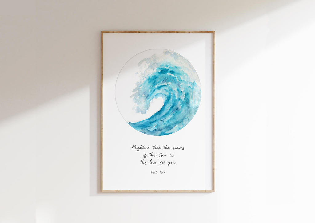 Encouraging Psalm 93:4 Art, Turquoise Sea of His Love Print, Psalm 93:4 UK Wall Decor, Scriptural Waves of Strength Print