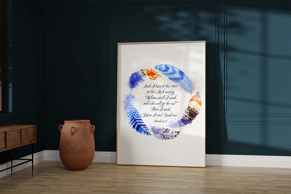 Vibrant feather wreath design, Faith-inspired wall hanging, Motivational scripture artwork, Religious wall decor feathers