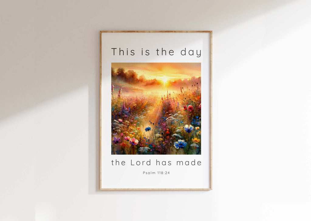 Meadow sunrise Bible verse wall art with Psalm 118:24 quotes, a meaningful Christian gift.