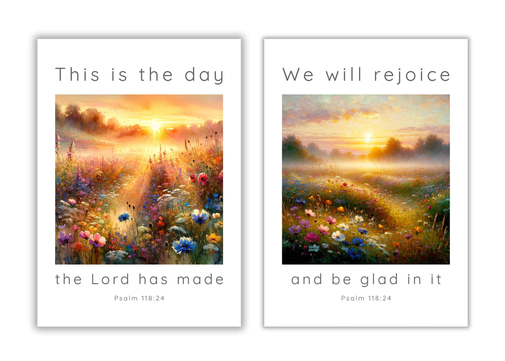 Set of two scripture wall art prints with Psalm 118:24, featuring a sunrise in yellow and orange hues.