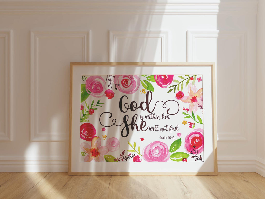 Psalm 46:5 print with botanical design, Encouraging floral Bible verse in UK style, Floral Psalm 46:5 feminine artwork