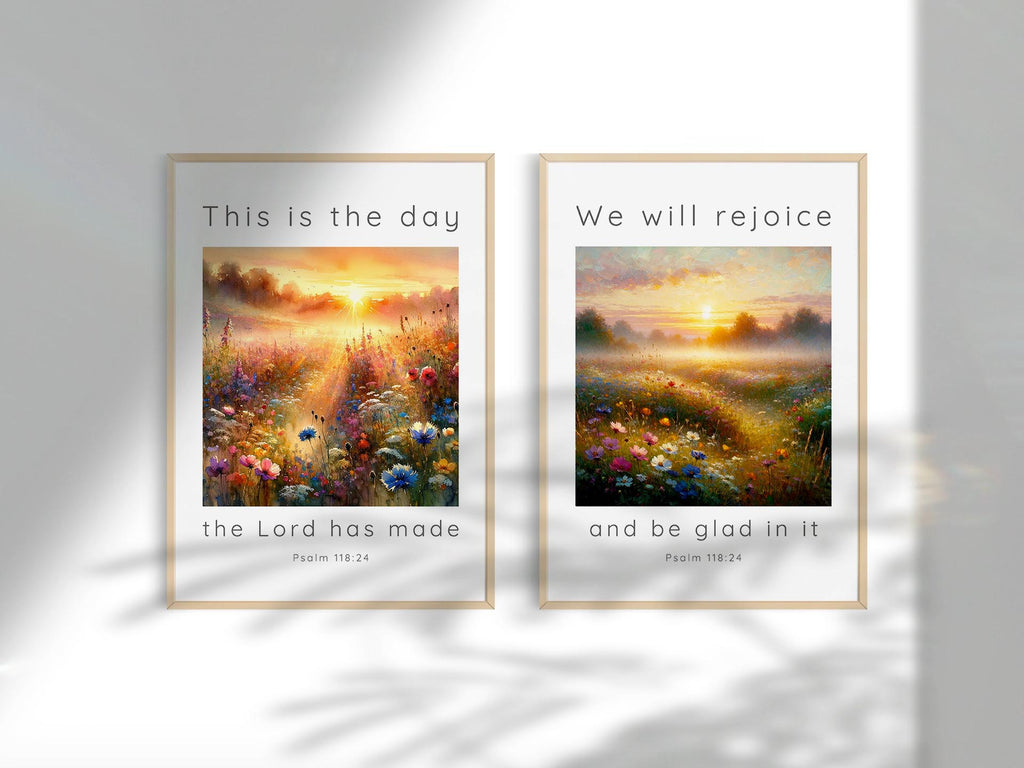 Inspirational scripture prints with a meadow scene at dawn, featuring Psalm 118:24 Bible verses.