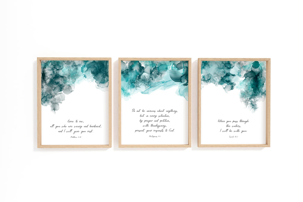 Comforting Christian Wall Art 3 Print Set, Abstract Bible Verse Art, Abstract turquoise and black ink Bible verse prints