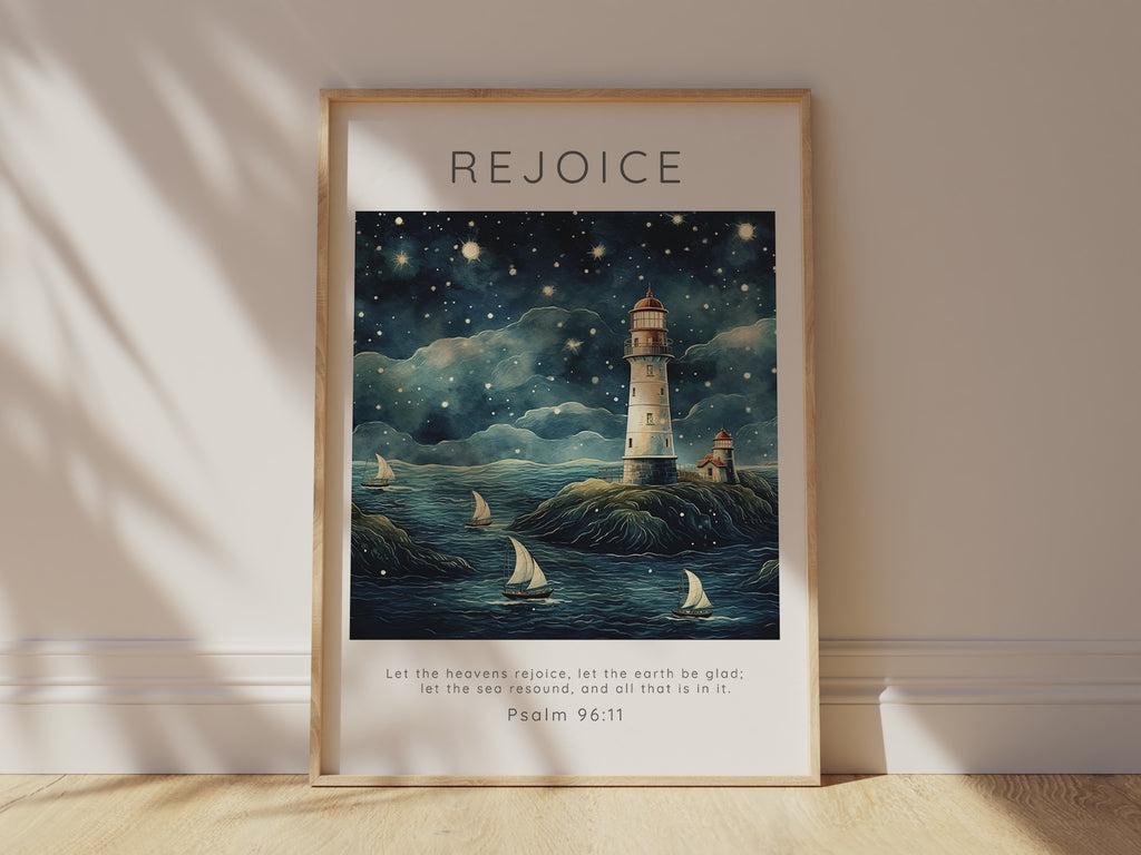 Calming Lighthouse and Boat Nursery Decor, Uplifting Scripture Print for Nurseries, Psalm 96:11 Verse Print for Bathroom Decor