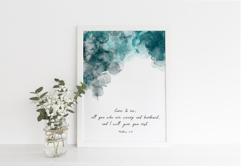 modern christian art, alcohol ink quote prints uk, Matthew 11 28 Print, Abstract Christian Wall Art, christian wall art