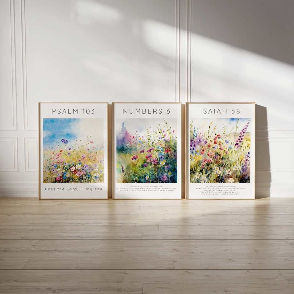 Vibrant floral scripture print set, Nature-inspired Christian wall decor, Blossoming garden verses wall art