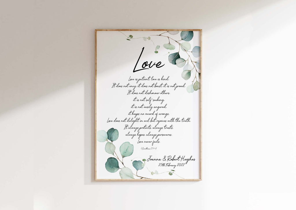 Unique Bible verse gift, NIV Bible quote in botanical style, love-themed wall decor