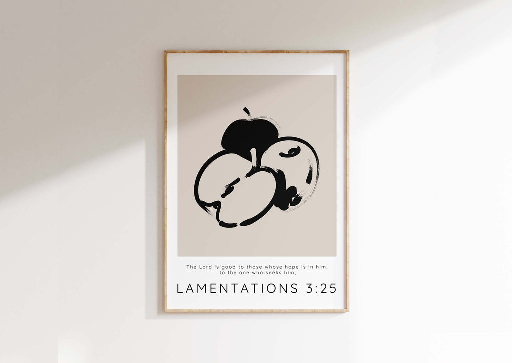 The Lord is Good Modern Christian Wall Art Print Lamentations 3 25 Poster, Lamentations 3:25 Bible verse print with apples