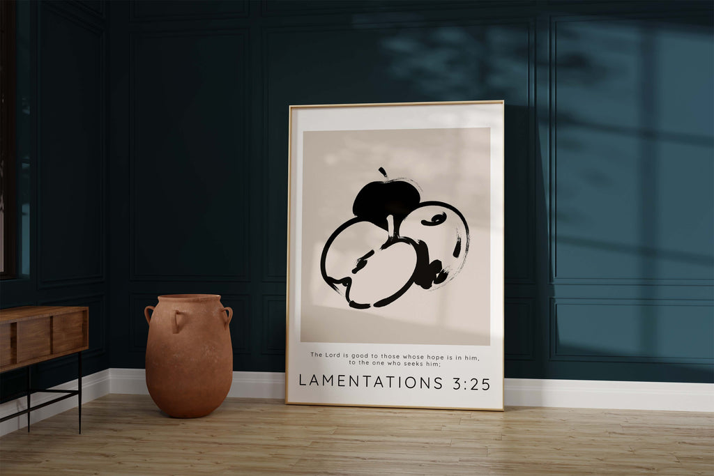 bible verse about hope and goodness, Line drawing of apples with scripture from Lamentations, Bible print for home decor