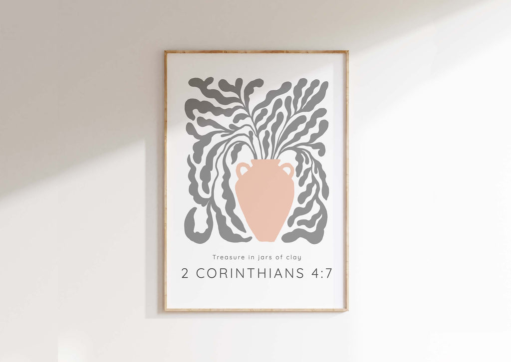 Grey vine scripture artwork, Inspirational verse in peach and grey, Spiritual decor with 2 Corinthians 4:7