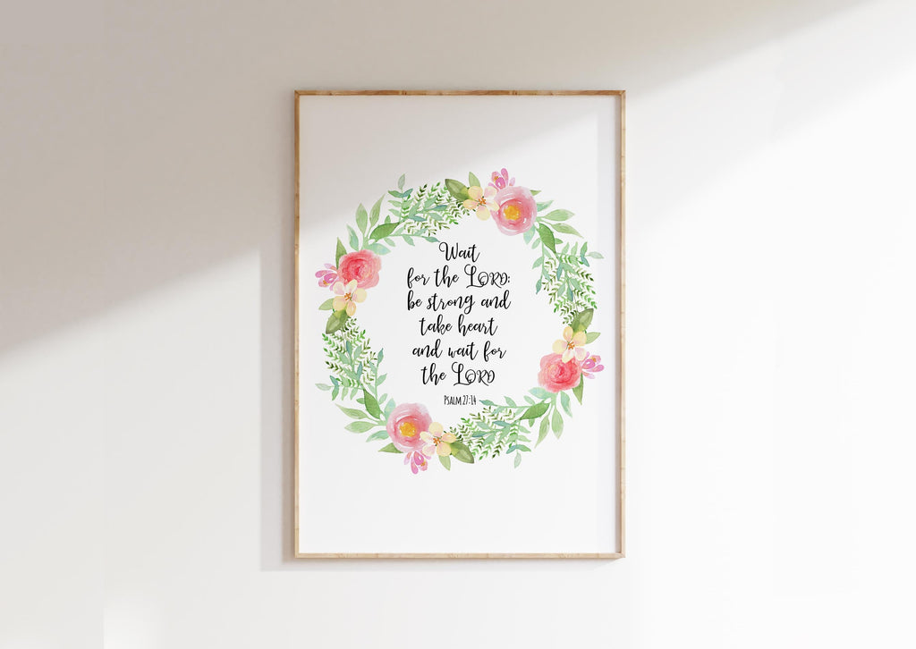 Wait for the Lord Christian Wall Art Print Psalm 27 Floral Scripture, Inspirational Psalm 27:14 Quote