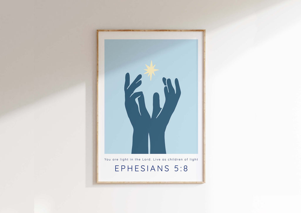 You are Light Christian Wall Art Print Ephesians 5 8 Bible Verse Art, Ephesians 5:8 Bible verse print with hands and light