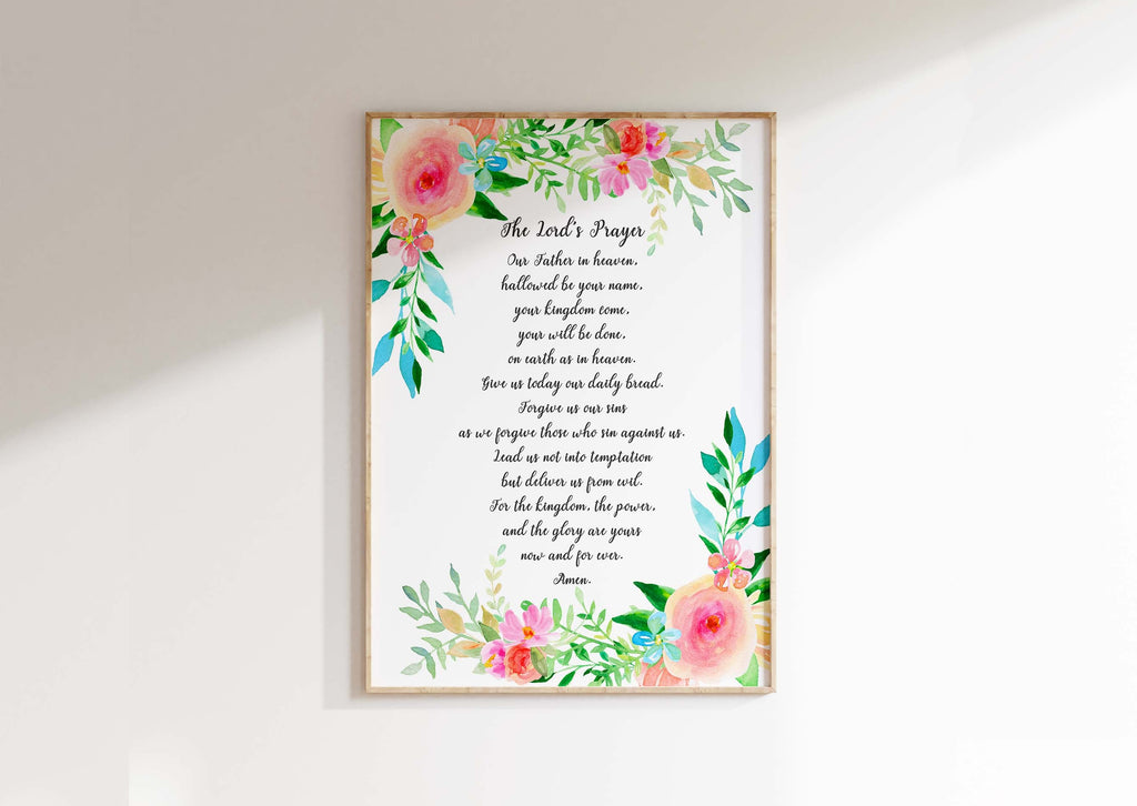 The Lords Prayer Christian Wall Art Print, Floral Bible Verse Poster, Contemporary Floral Lord's Prayer Typography